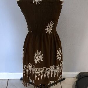 Brown Smocked Ruffled Knee-Length Sundress